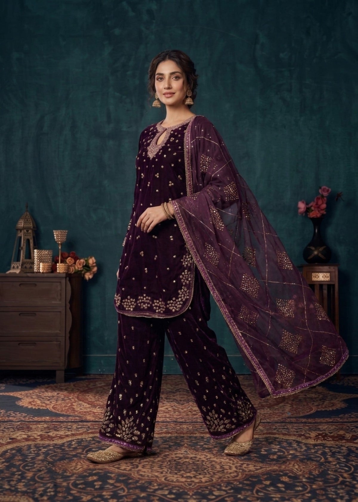 Embroidered Plum Velvet Pakistani Designer Suit Online in Dubai DXB UAE Abudhabi Meena Bazaar