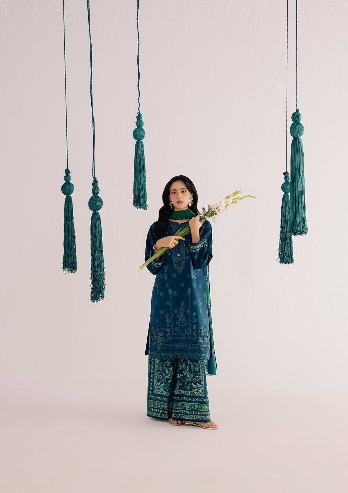 Embroidered Prussian Blue Lawn Kurta with Trouser Online in KSA Riyadh Saudi Arabia Oman Bahrain Qatar