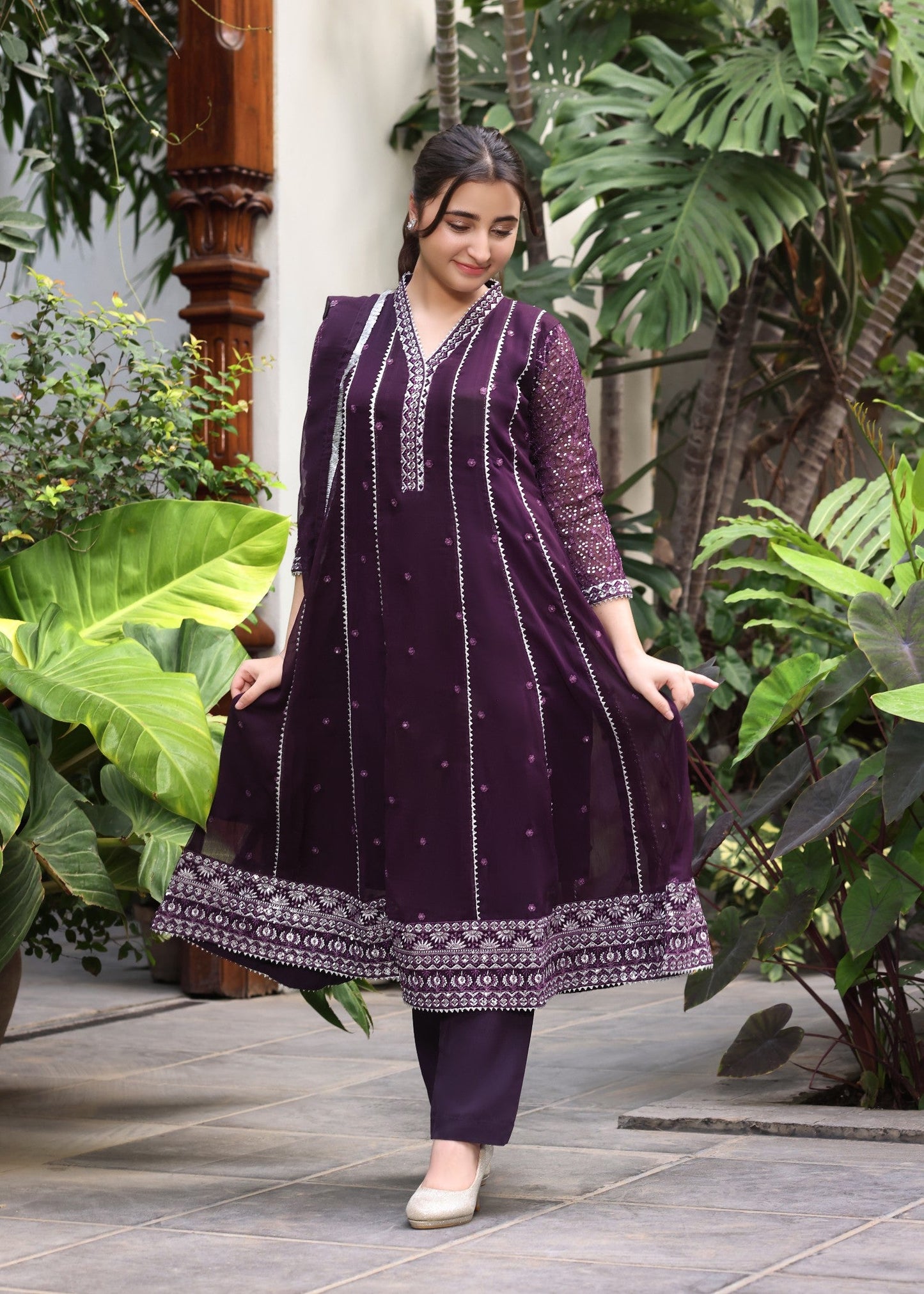Embroidered Purple Chiffon Dupatta Set Online in Sri Lanka India Australia