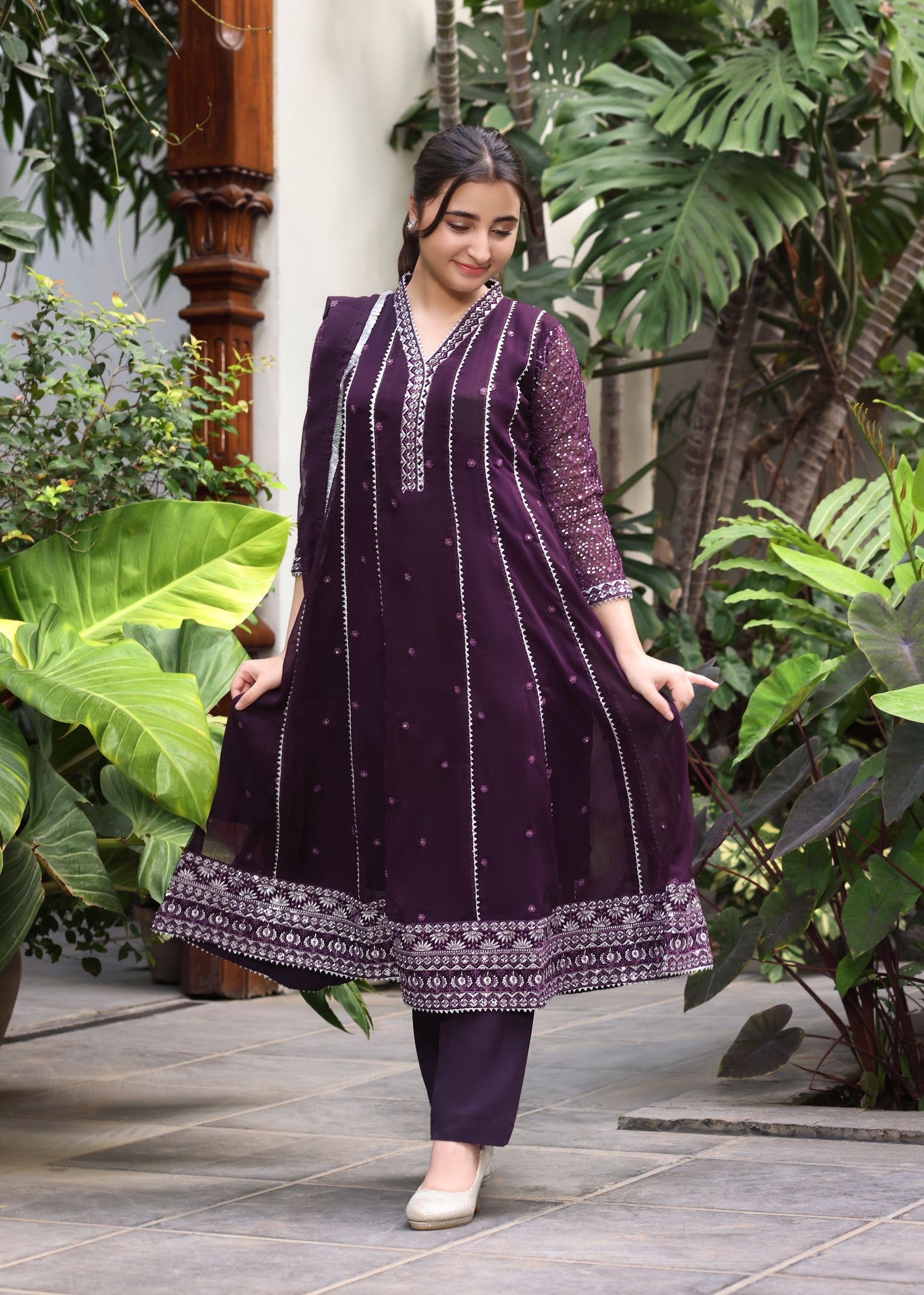 Embroidered Purple Chiffon Dupatta Set Online in Sri Lanka India Australia