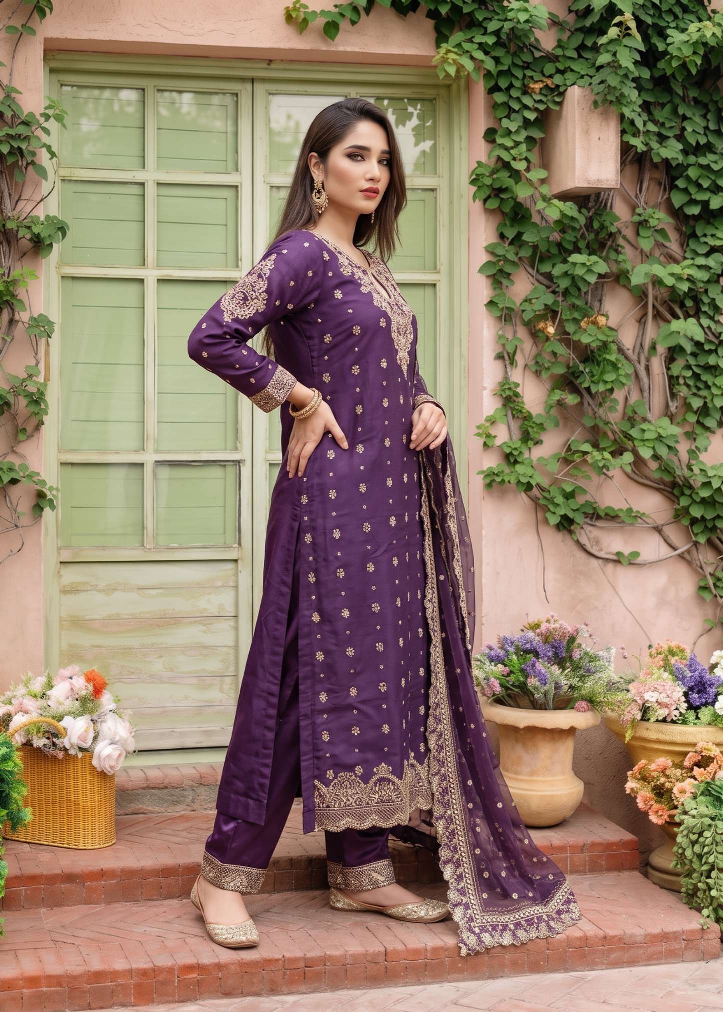 Embroidered Purple Chiffon Suit with Raw Silk Trouser Online in Dubai DXB UAE Abudhabi Meena Bazaar