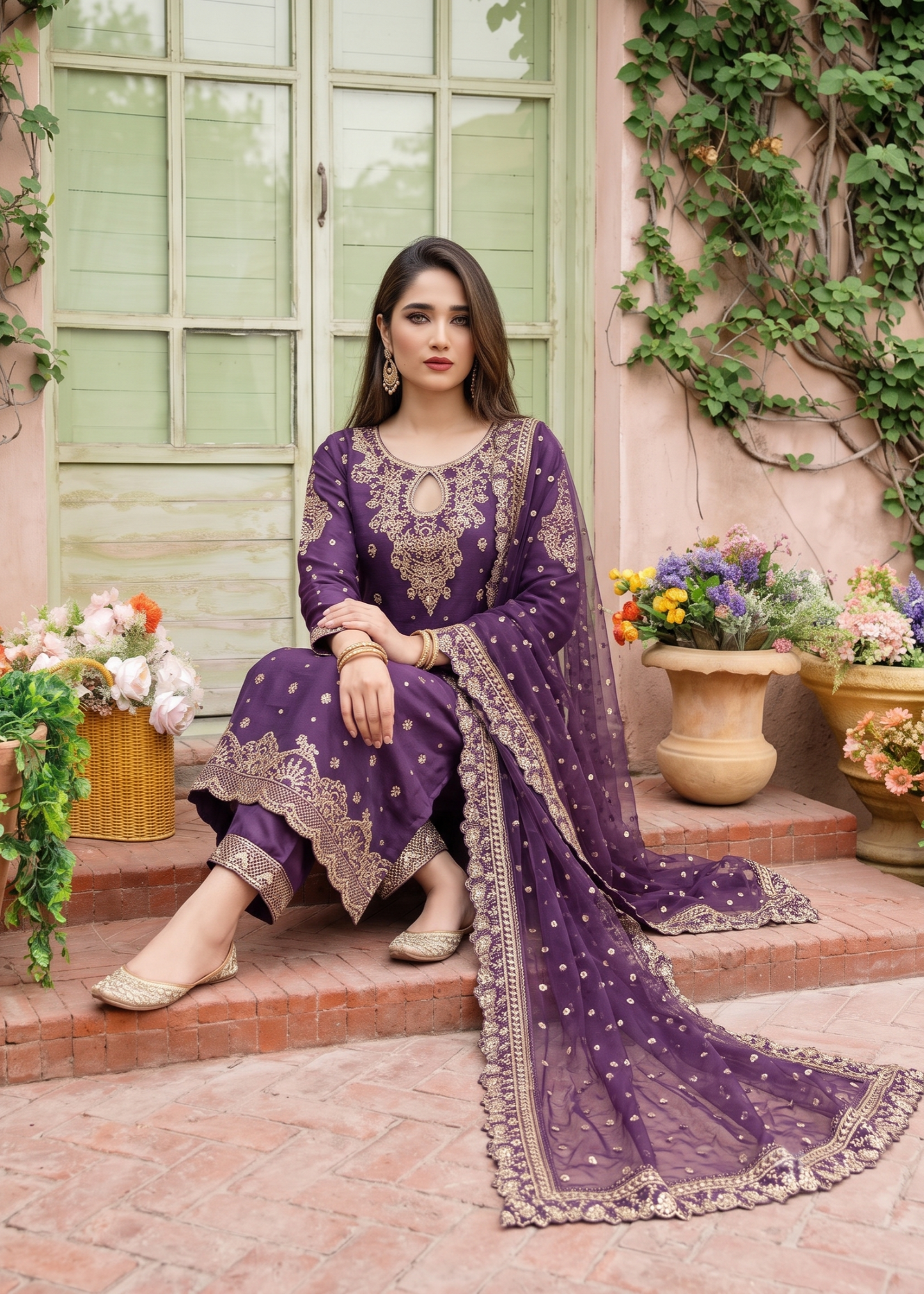 Embroidered Purple Chiffon Three Piece Suit Online in Dubai UAE Abudhabi Ajman Sharjah