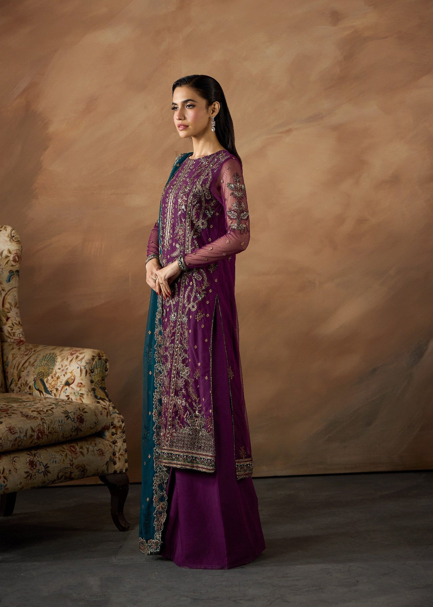 Embroidered Purple Net Partywear Shalwar Kameez Online in Sri Lanka India Australia