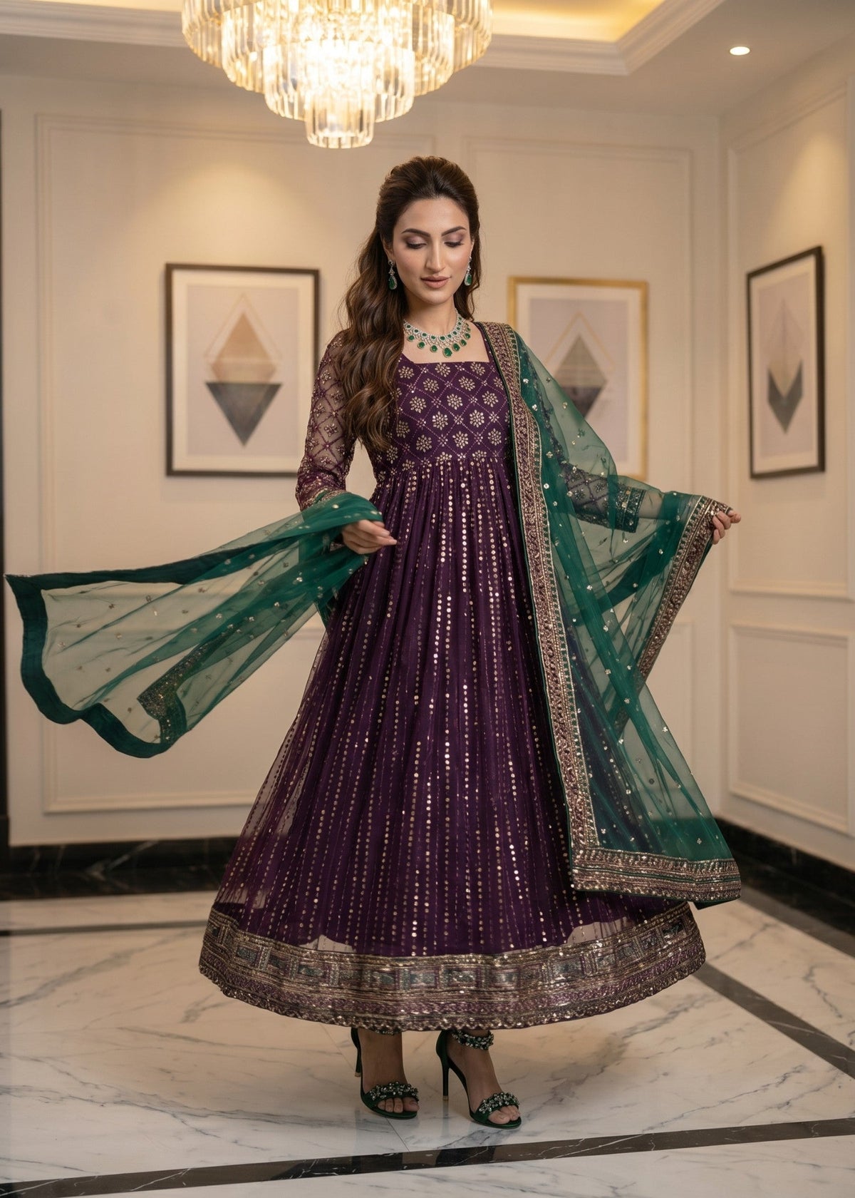Embroidered Purple Net Pishwas Suit Online in Dubai DXB UAE Abudhabi Meena Bazaar