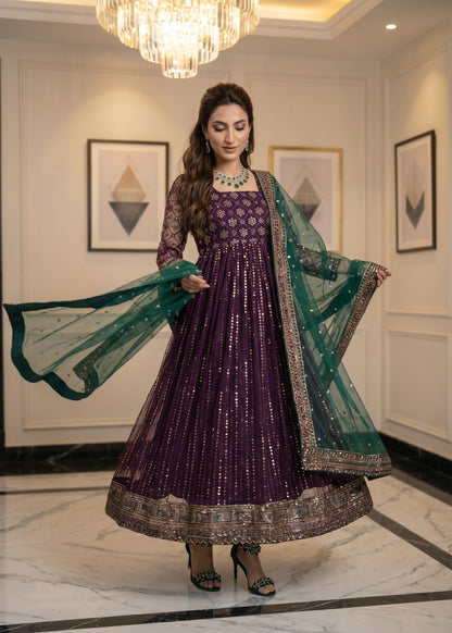 Embroidered Purple Net Pishwas Suit Online in Dubai DXB UAE Abudhabi Meena Bazaar