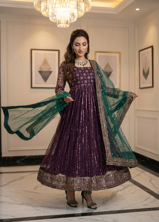 Embroidered Purple Net Pishwas Suit Online in Dubai DXB UAE Abudhabi Meena Bazaar