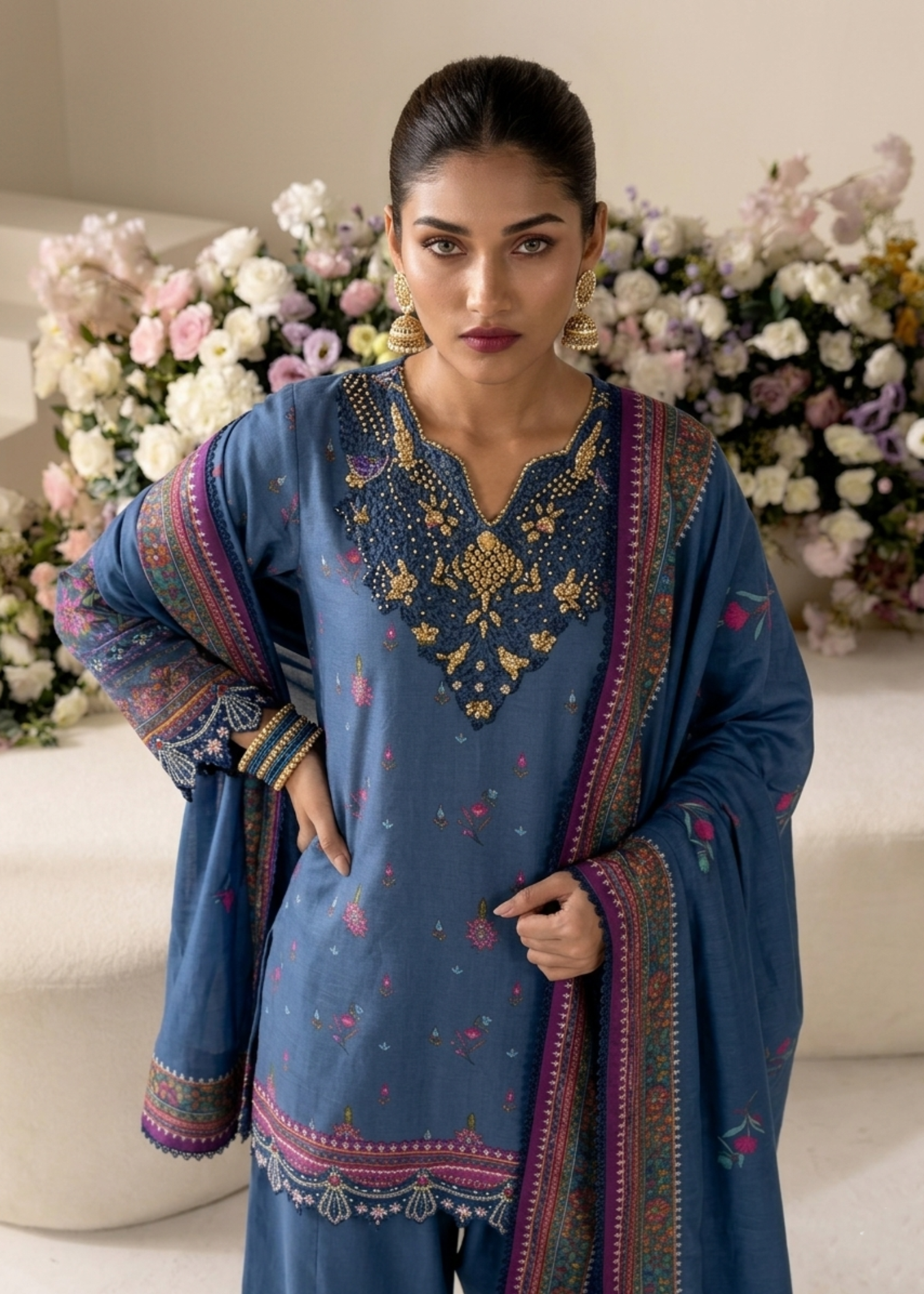 Embroidered Raw Silk Sapphire Blue Kurta Suit Online in Dubai DXB UAE Abudhabi Meena Bazaar