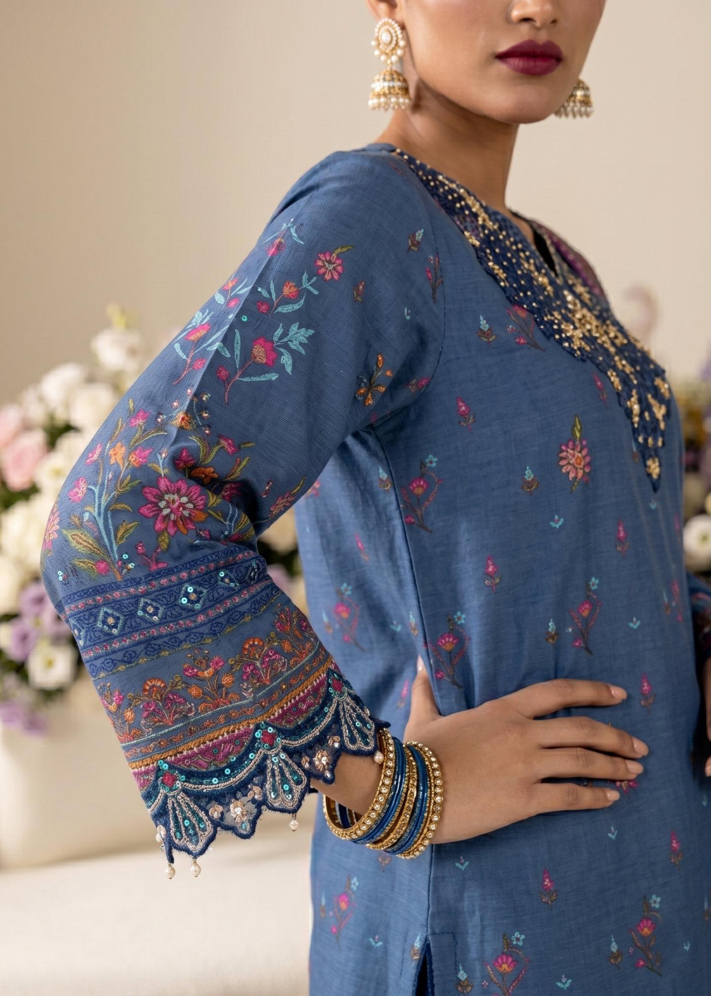 Embroidered Raw Silk Sapphire Blue Ladies Suit Online in Dubai UAE Abudhabi Ajman Sharjah