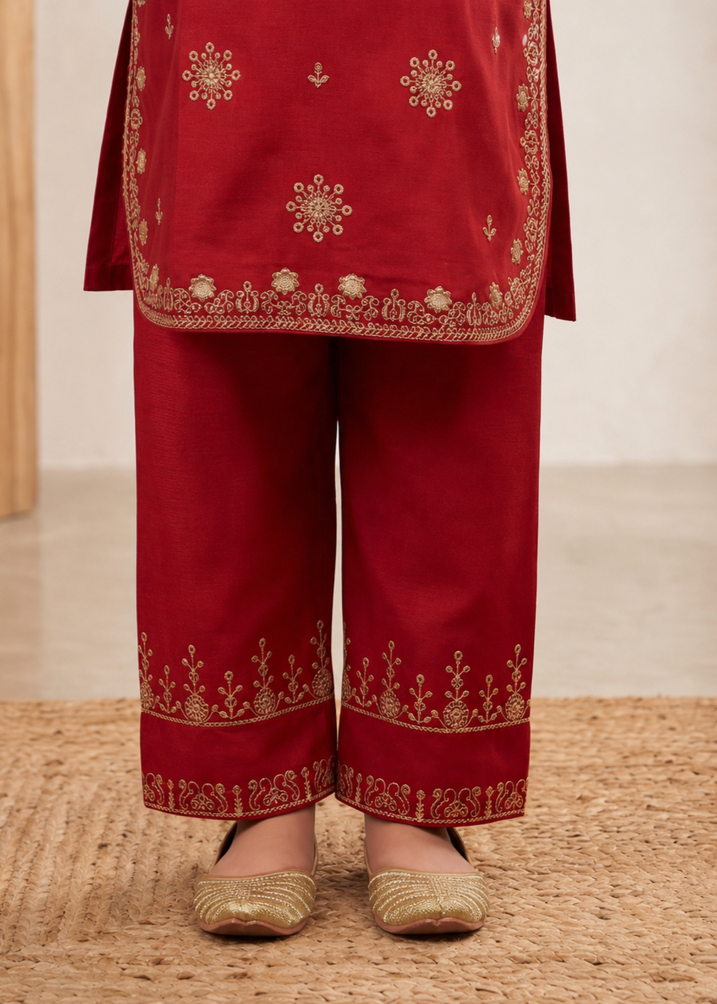 Embroidered Red Cotton Jacquard Kurta Pajama Online in UK USA Canada