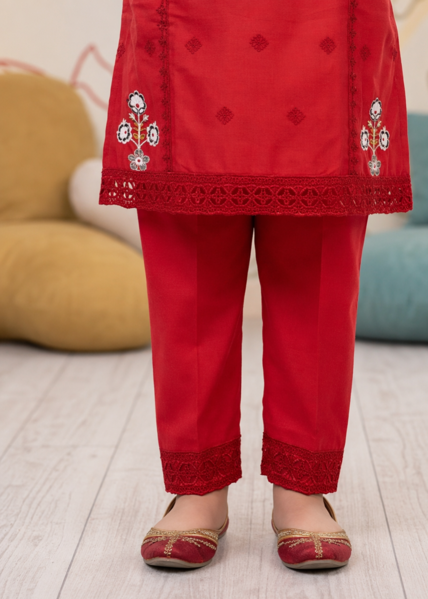 Embroidered Red Cotton Kurta for Girls Online in UK USA Canada