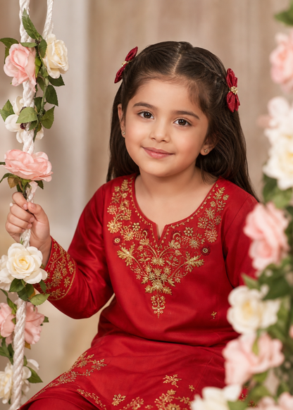 Embroidered Red Cotton Kurta Set for Girls Online in UK USA Canada