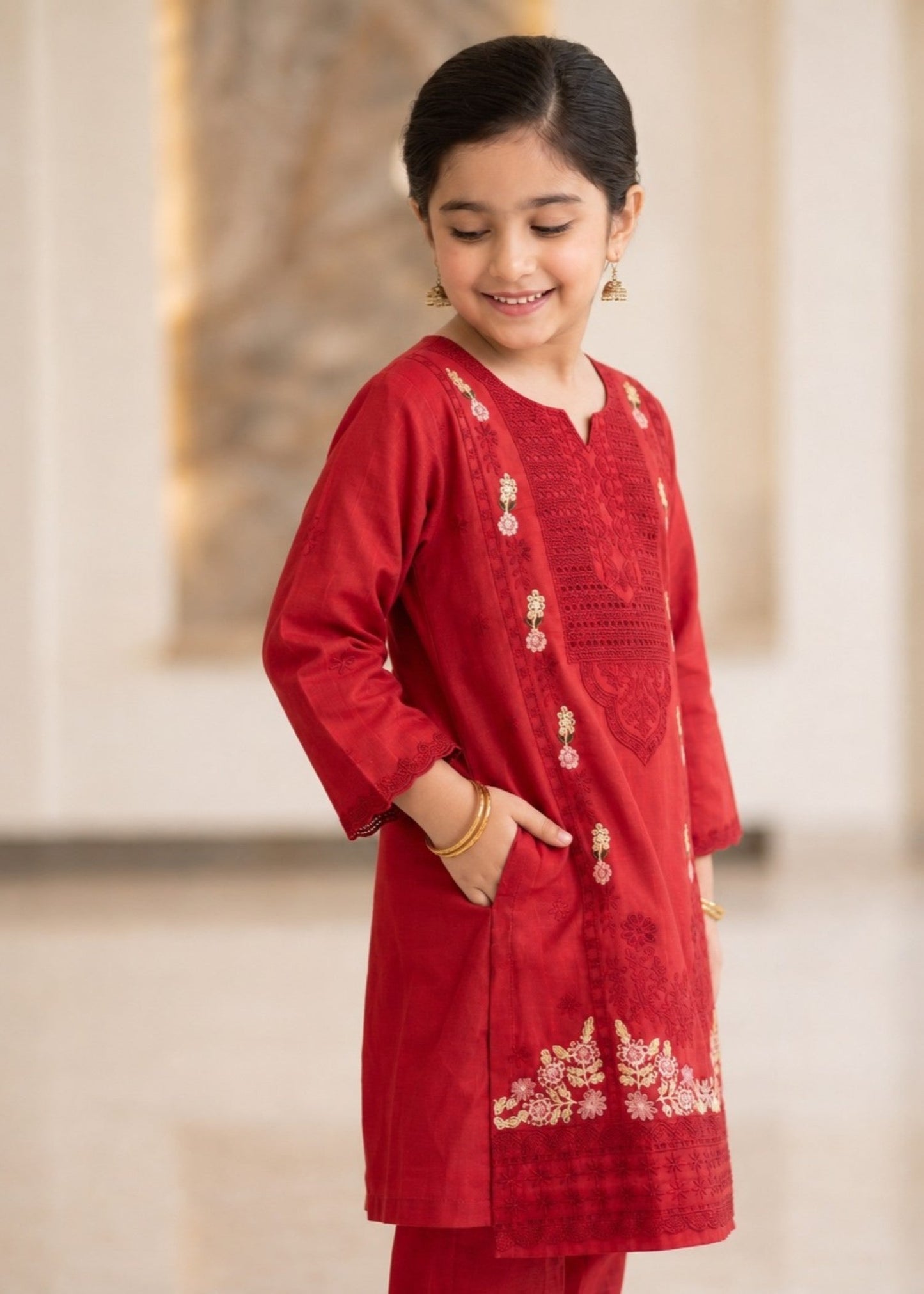 Embroidered Red Cotton Kurta with Trousers Online in UK USA Canada