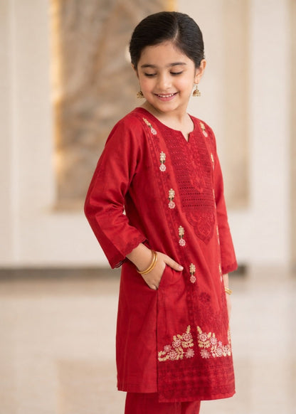 Embroidered Red Cotton Kurta with Trousers Online in UK USA Canada