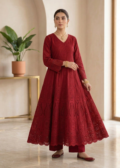 Embroidered Red Cotton Suit for Women Online in Dubai DXB UAE Abudhabi Meena Bazaar