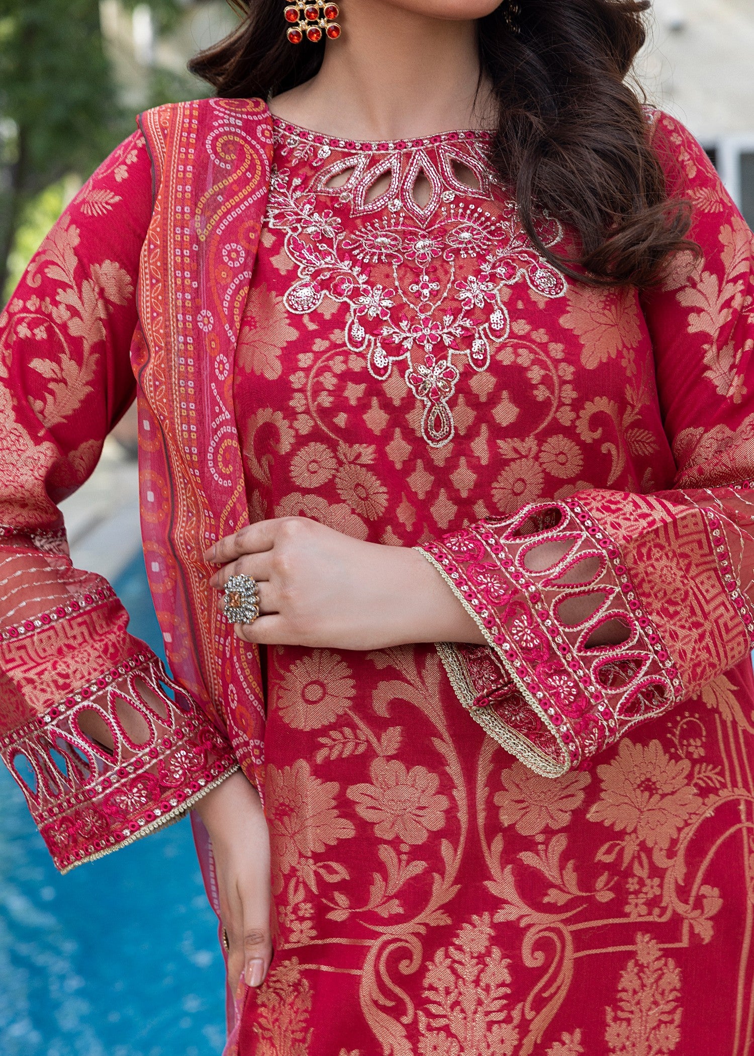 Embroidered Red Jacquard Chiffon Dupatta Suit Online in KSA Riyadh Saudi Arabia Oman Bahrain Qatar