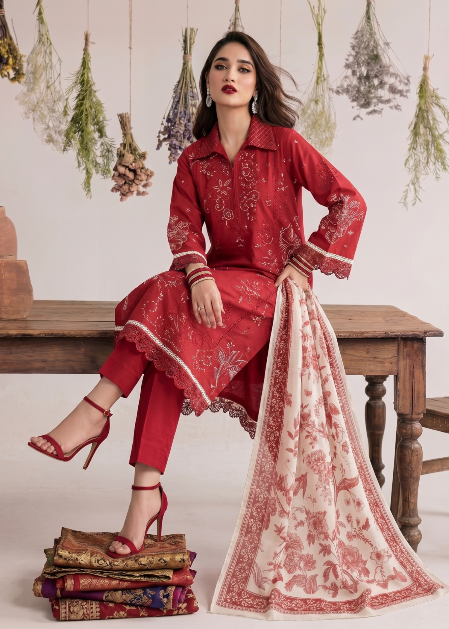 Embroidered Red Lawn Pakistani Suit Online in Dubai DXB UAE Abudhabi Meena Bazaar