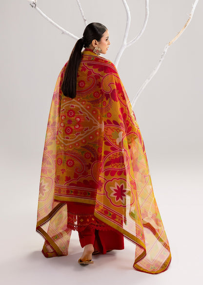 Embroidered Red Lawn Suit with Organza Patch Work Online in Dubai DXB UAE Abudhabi Meena Bazaar
