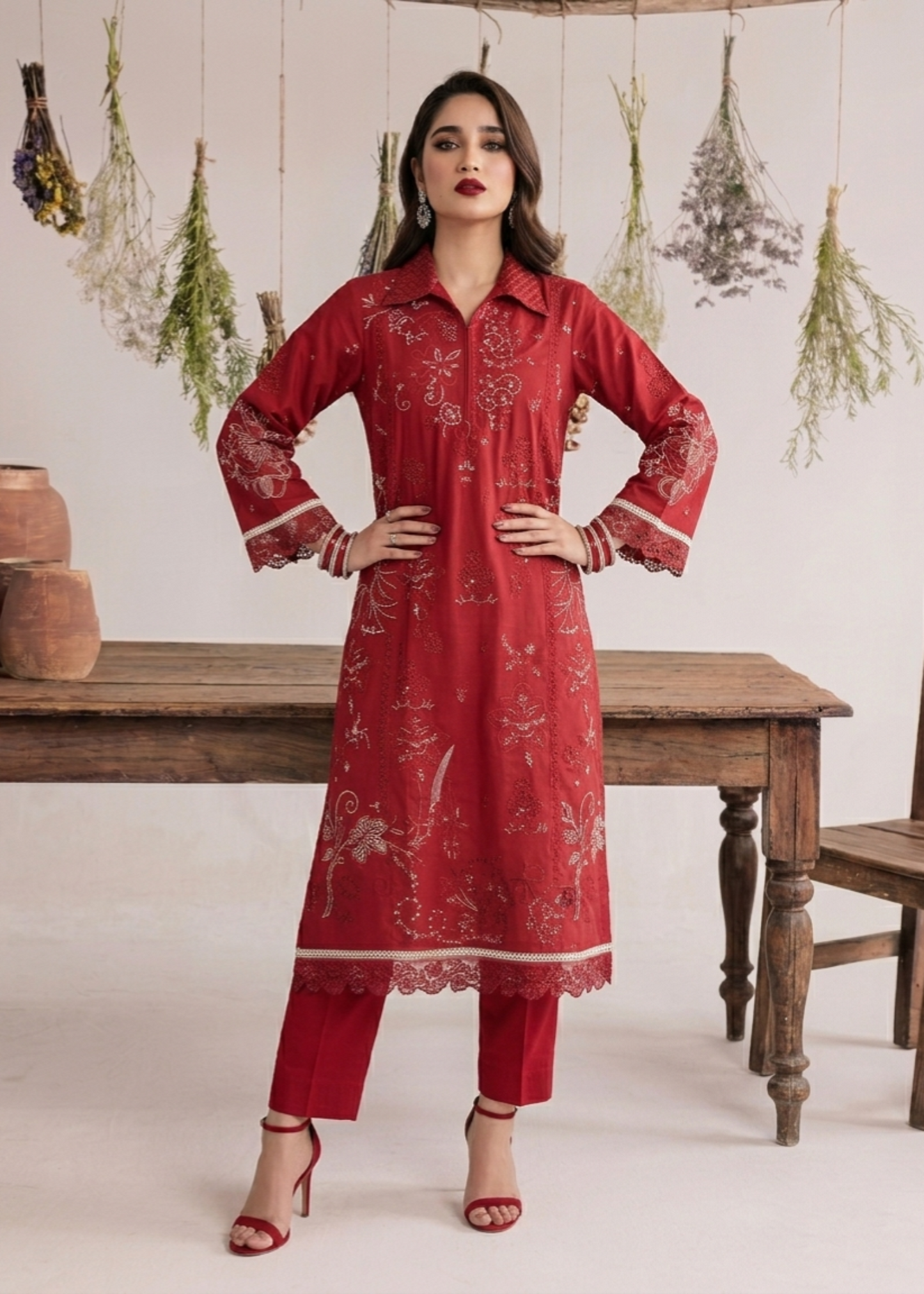Embroidered Red Lawn Three Piece Suit Online in Sri Lanka India Australia