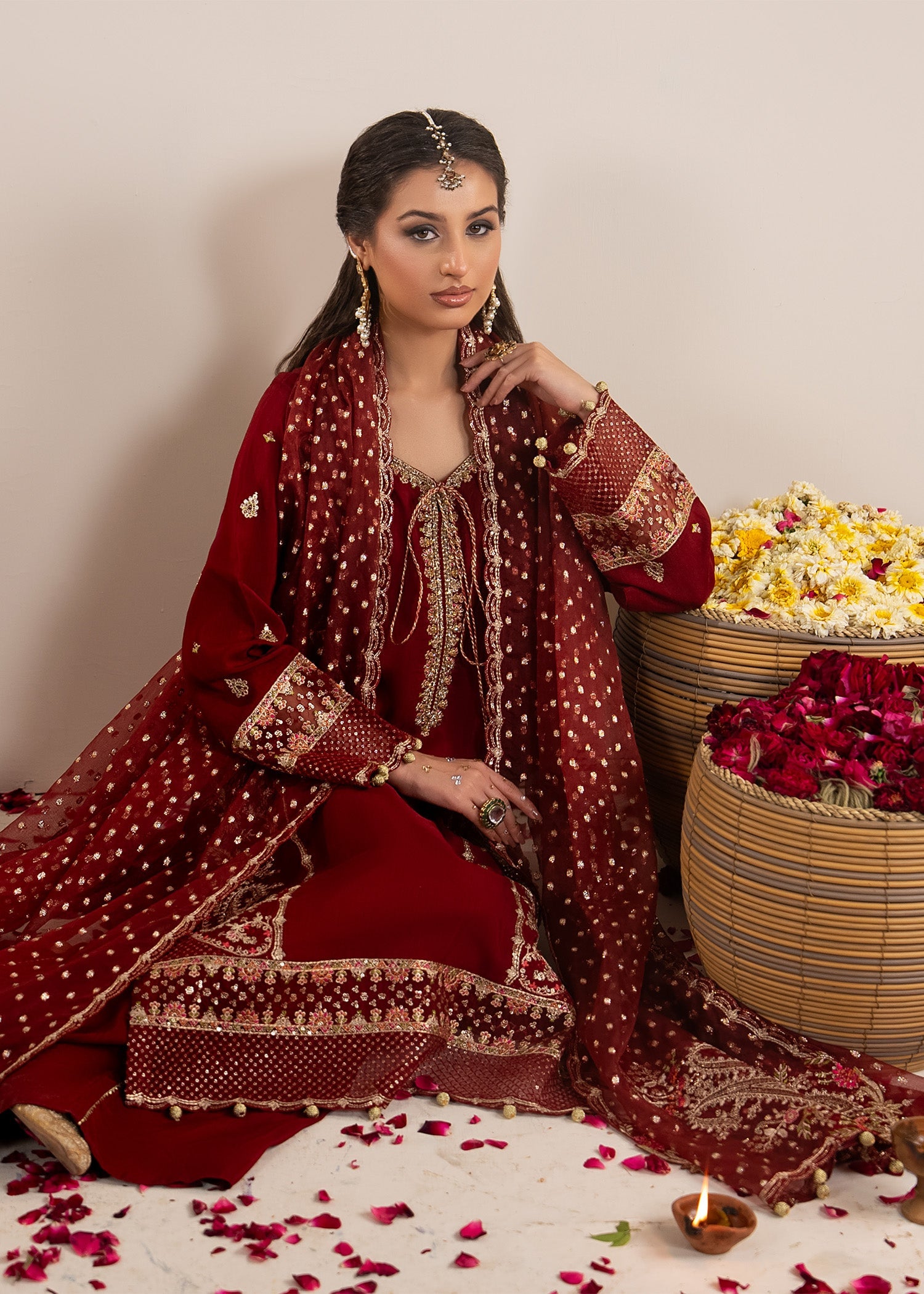 Embroidered Red Organza Dupatta Partywear Suit Online in KSA Riyadh Saudi Arabia Oman Bahrain Qatar