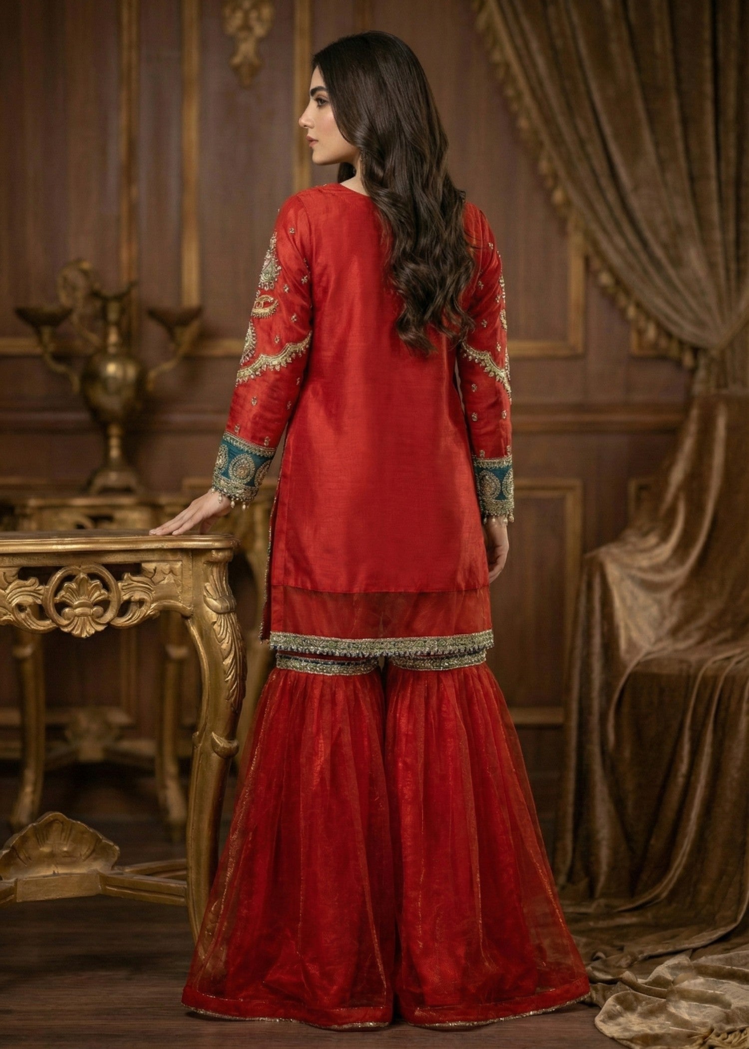Embroidered Red Organza Gharara Suit Online in Dubai DXB UAE Abudhabi Meena Bazaar