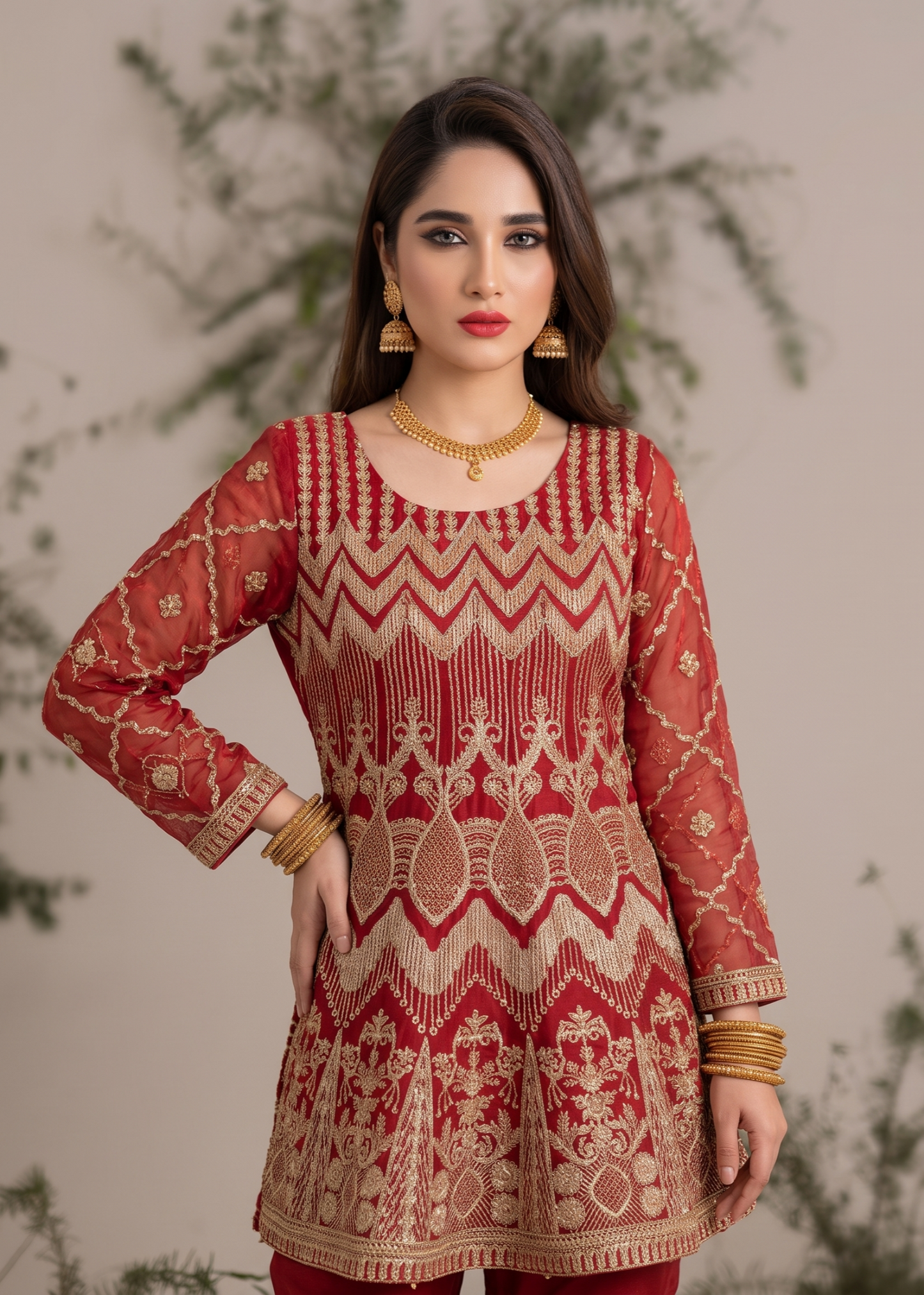 Embroidered Red Organza Gharara Suit Online in KSA Riyadh Saudi Arabia Oman Bahrain Qatar