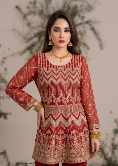 Embroidered Red Organza Gharara Suit Online in KSA Riyadh Saudi Arabia Oman Bahrain Qatar