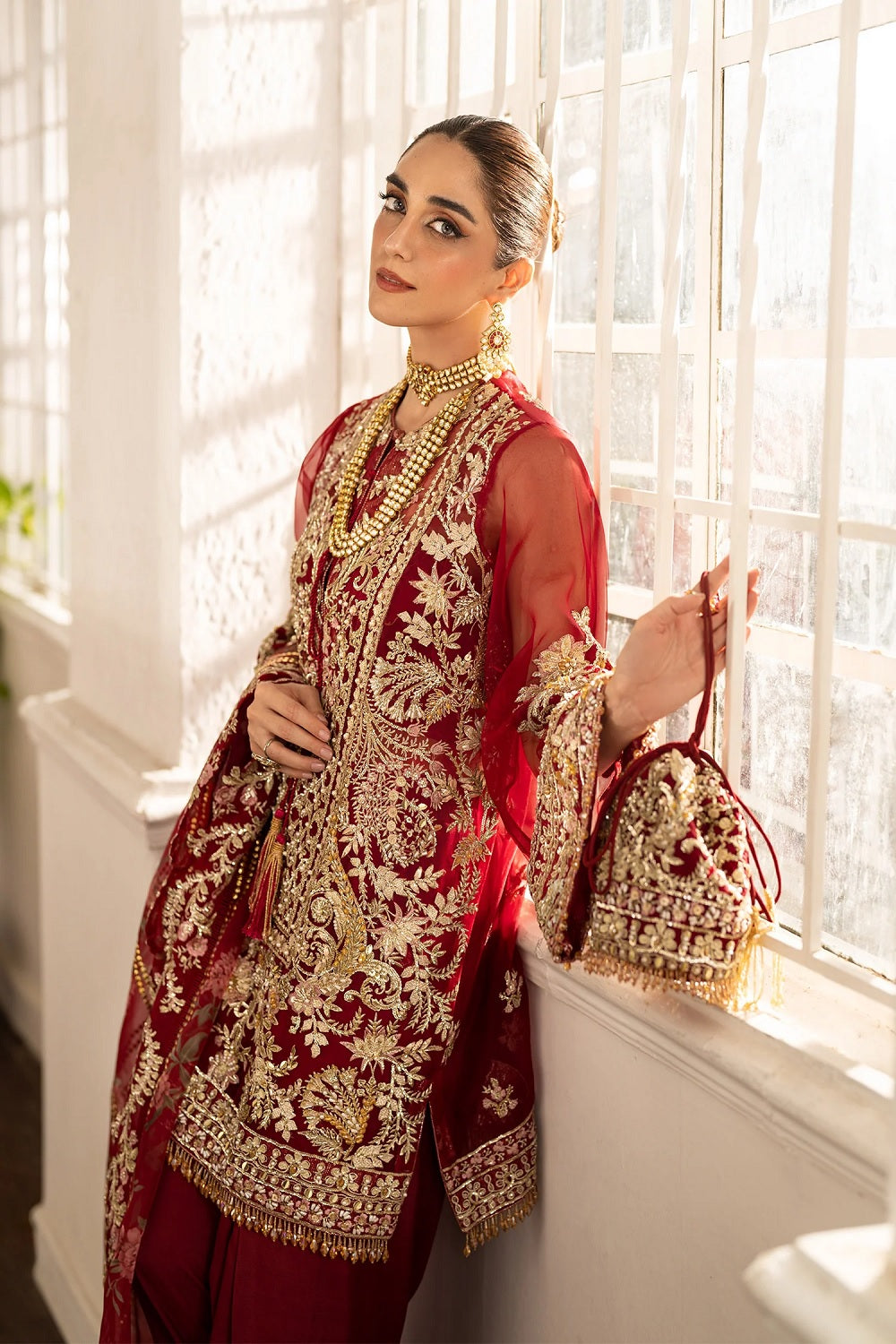 Embroidered Red Organza Pakistani Designer Suit Online in KSA Riyadh Saudi Arabia Oman Bahrain Qatar