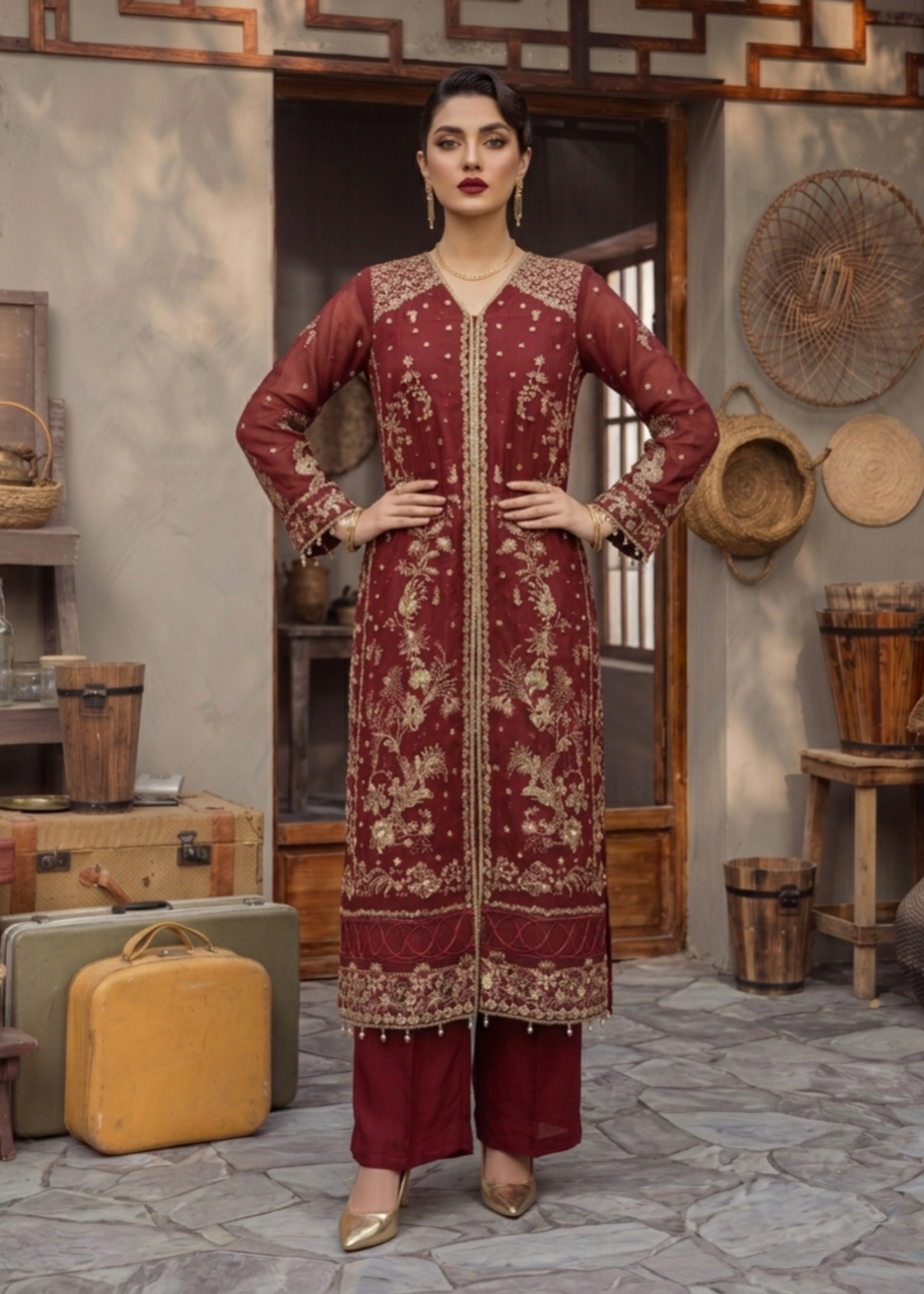 Embroidered Red Organza Pakistani Suit Online in Dubai DXB UAE Abudhabi Meena Bazaar