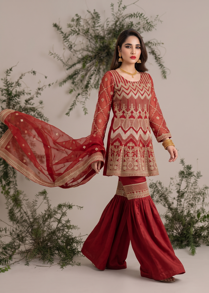 Embroidered Red Organza Sharara Gharara Online in KSA Riyadh Saudi Arabia Oman Bahrain Qatar