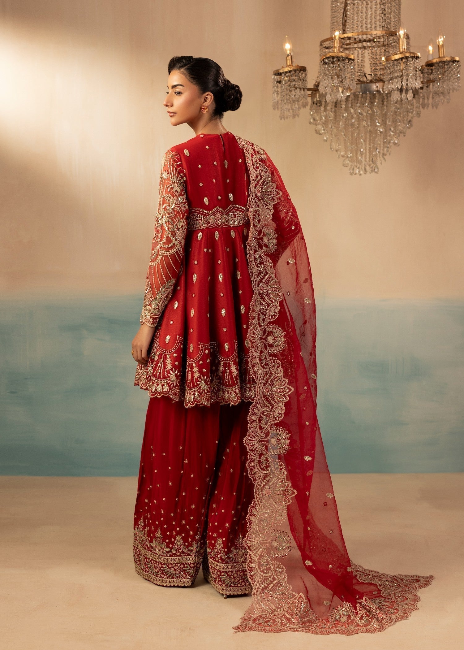 Embroidered Red Raw Silk Farshi Gharara Online in KSA Riyadh Saudi Arabia Oman Bahrain Qatar