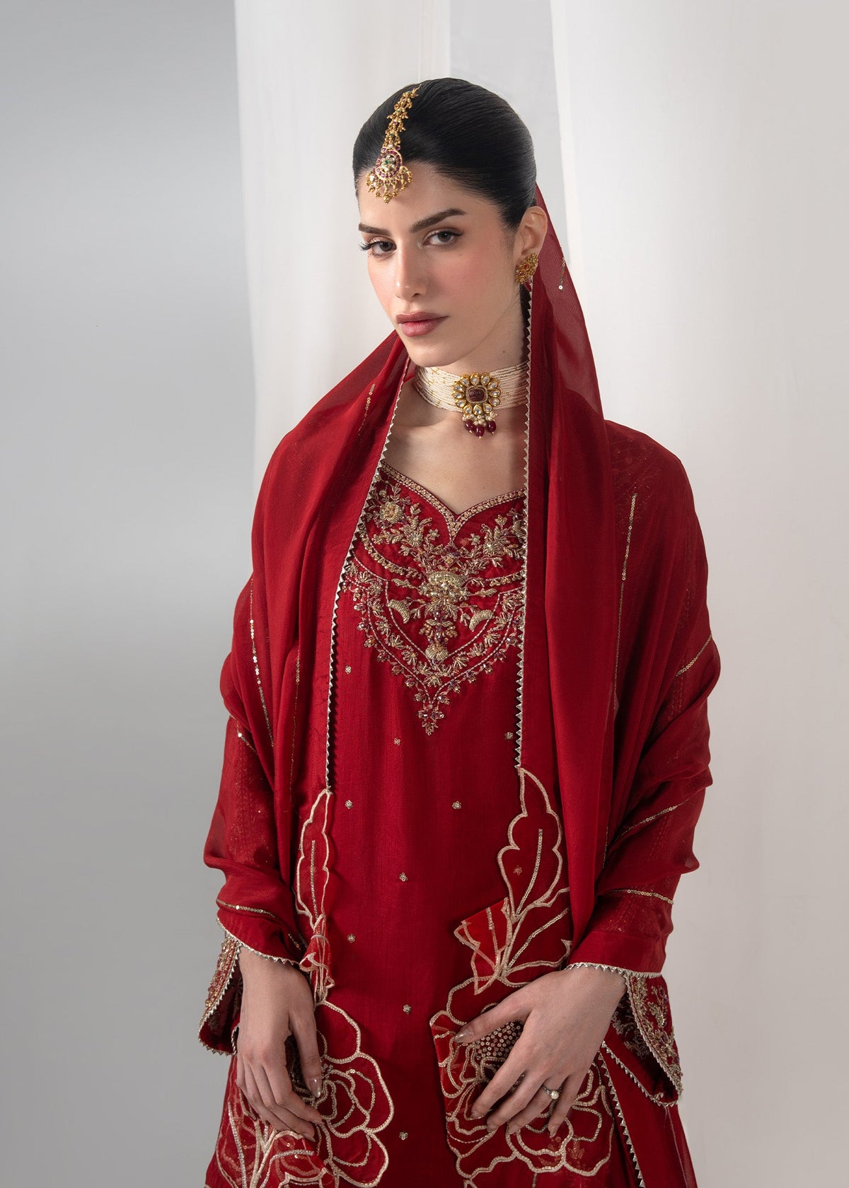 Embroidered Red Raw Silk Farshi Shalwar Online in Dubai DXB UAE Abudhabi Meena Bazaar