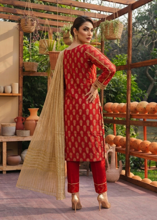 Embroidered Red Straight Kurta Trouser Suit Online in Dubai DXB UAE Abudhabi Meena Bazaar