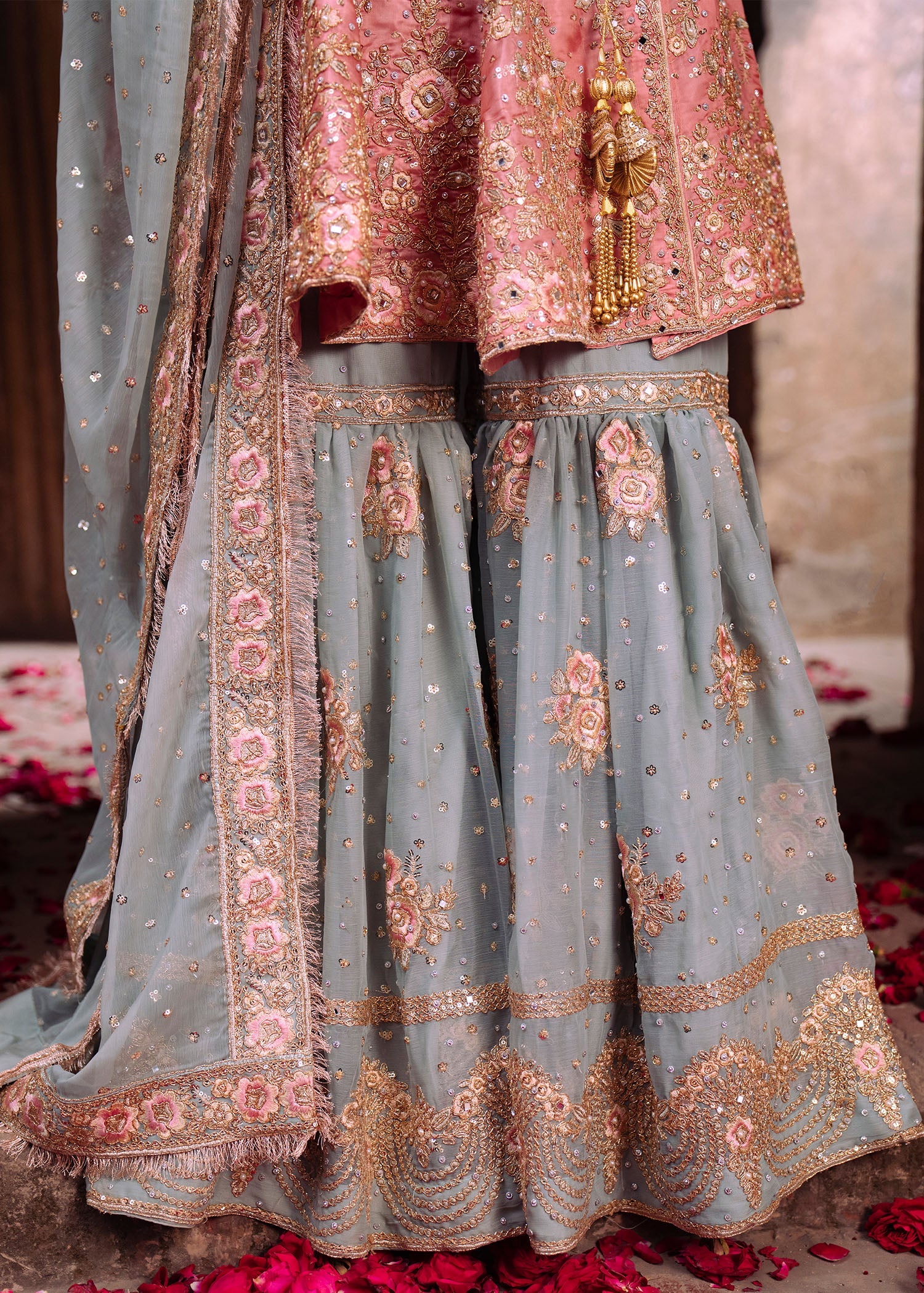 Embroidered Rose Pink Gharara Kurta Online in UK USA Canada
