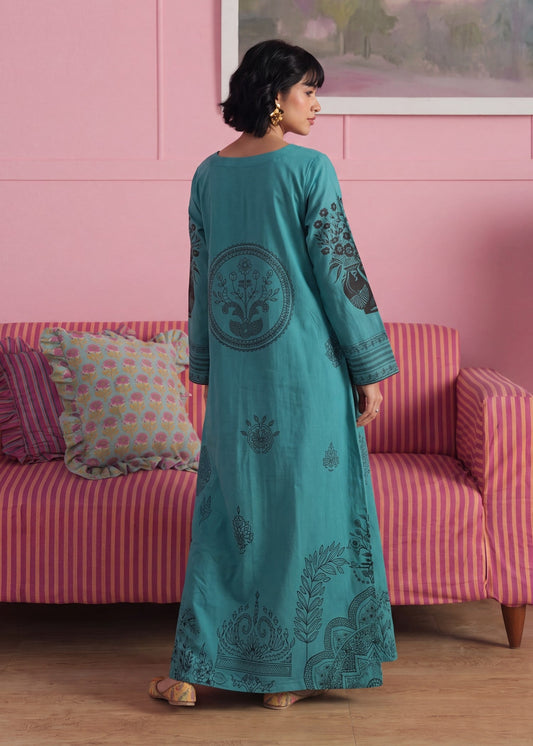 Embroidered Royal Blue Lawn Kaftan Online in KSA Riyadh Saudi Arabia Oman Bahrain Qatar