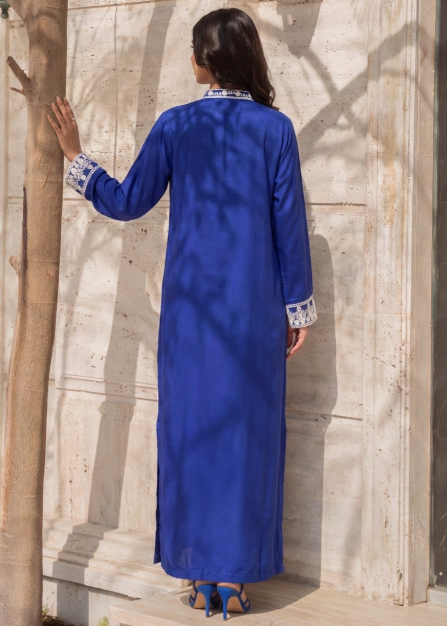 Embroidered Royal Blue Linen Kaftan Online in KSA Riyadh Saudi Arabia Oman Bahrain Qatar