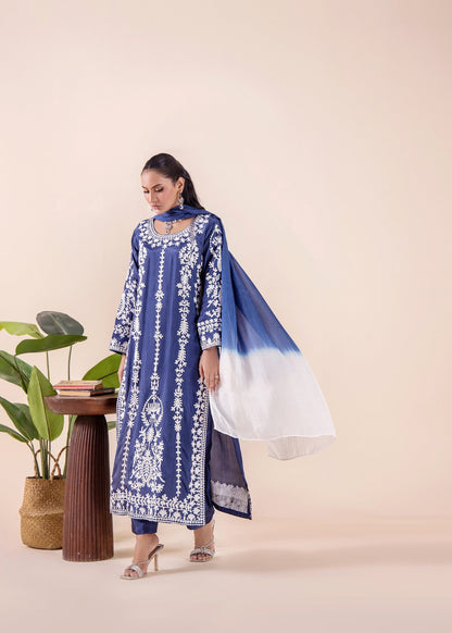 Embroidered Royal Blue Silk Salwar Suit Online in KSA Riyadh Saudi Arabia Oman Bahrain Qatar