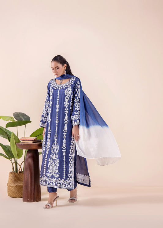 Embroidered Royal Blue Silk Salwar Suit Online in KSA Riyadh Saudi Arabia Oman Bahrain Qatar
