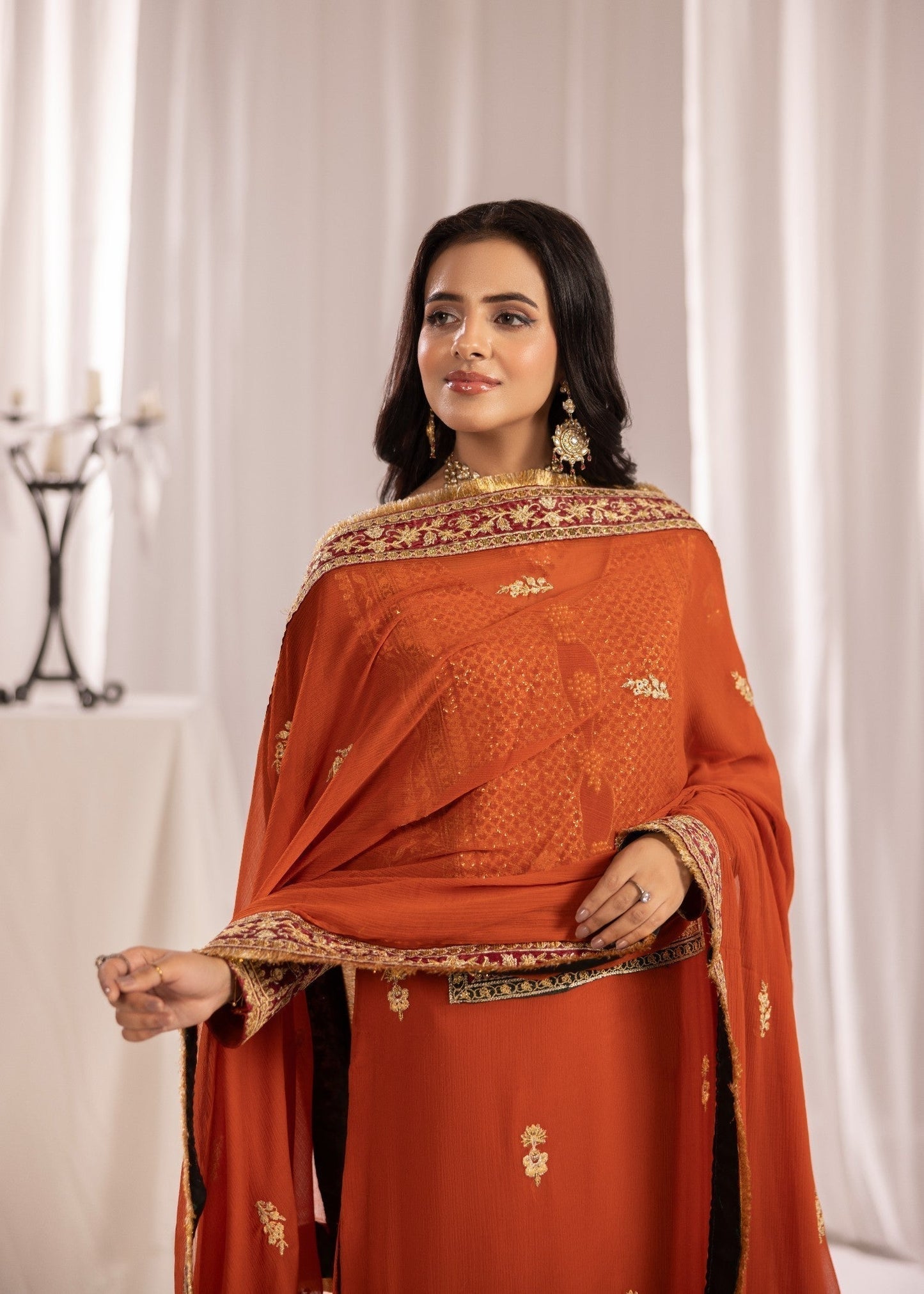 Embroidered Rust Orange Crinkle Chiffon Ladies Suit Online in Dubai DXB UAE Abudhabi Meena Bazaar