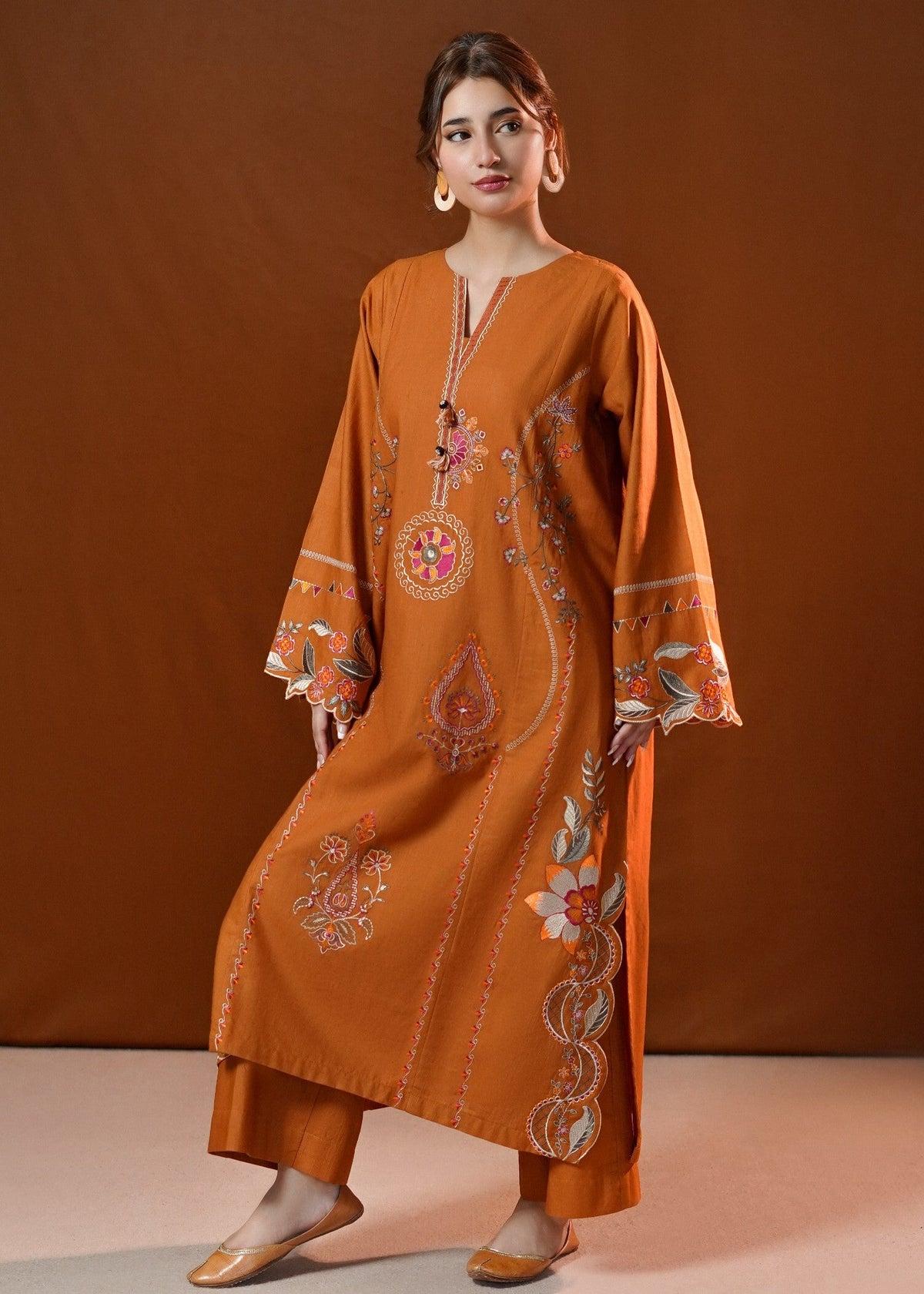 Embroidered Rust Orange Khaddar Kurta Set for Ladies Online in UK USA Canada