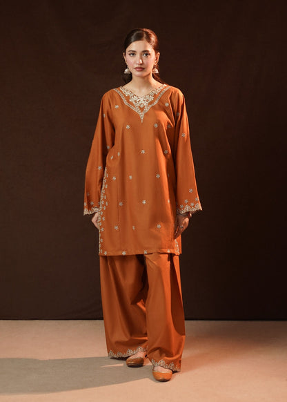 Embroidered Rust Orange Slub Khaddar Kurta Set for Ladies Online in UK USA Canada