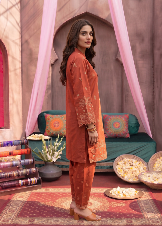 Embroidered Rust Red Lawn Pakistani Suit Online in Dubai DXB UAE Abudhabi Meena Bazaar