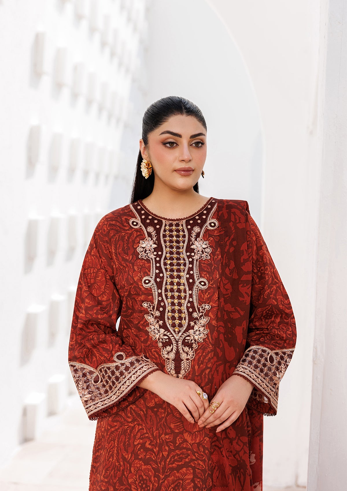 Embroidered Rust Red Lawn Salwar Kameez Online in KSA Riyadh Saudi Arabia Oman Bahrain Qatar