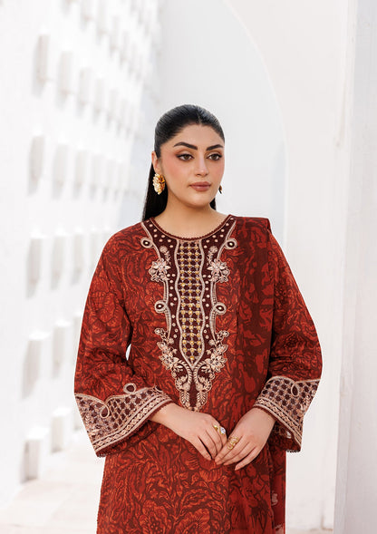 Embroidered Rust Red Lawn Salwar Kameez Online in KSA Riyadh Saudi Arabia Oman Bahrain Qatar