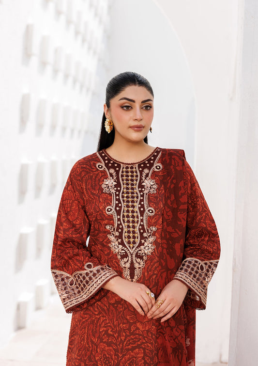 Embroidered Rust Red Lawn Salwar Kameez Online in KSA Riyadh Saudi Arabia Oman Bahrain Qatar