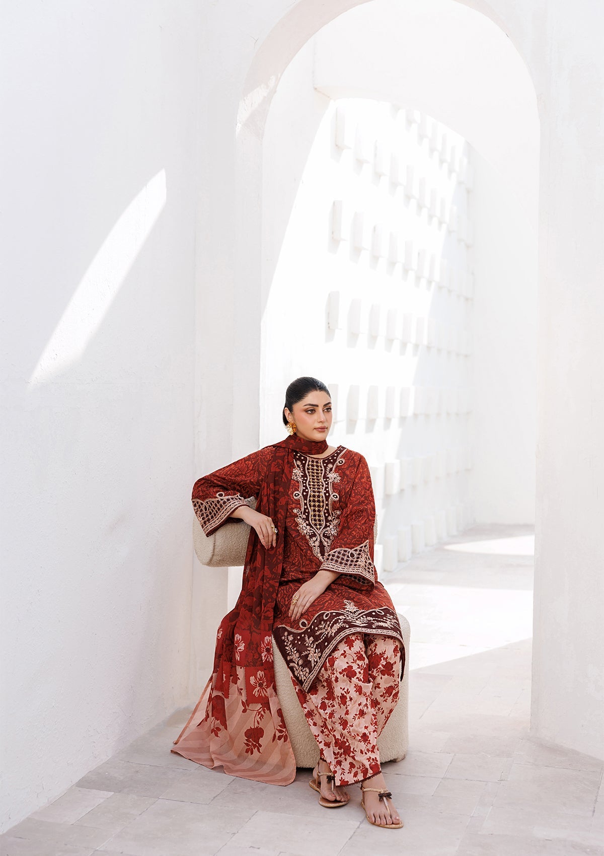 Embroidered Rust Red Lawn Suit Online in Dubai UAE Abudhabi Ajman Sharjah