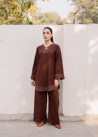 Embroidered Saddle Brown Lawn Kurta Set Online in UK USA Canada