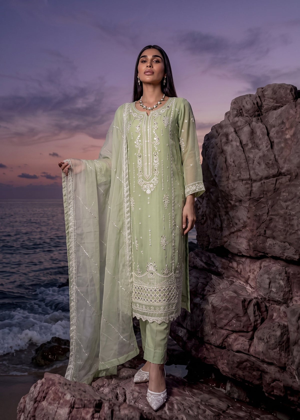 Embroidered Sage Green Chiffon Designer Salwar Suit Online in UK USA Canada