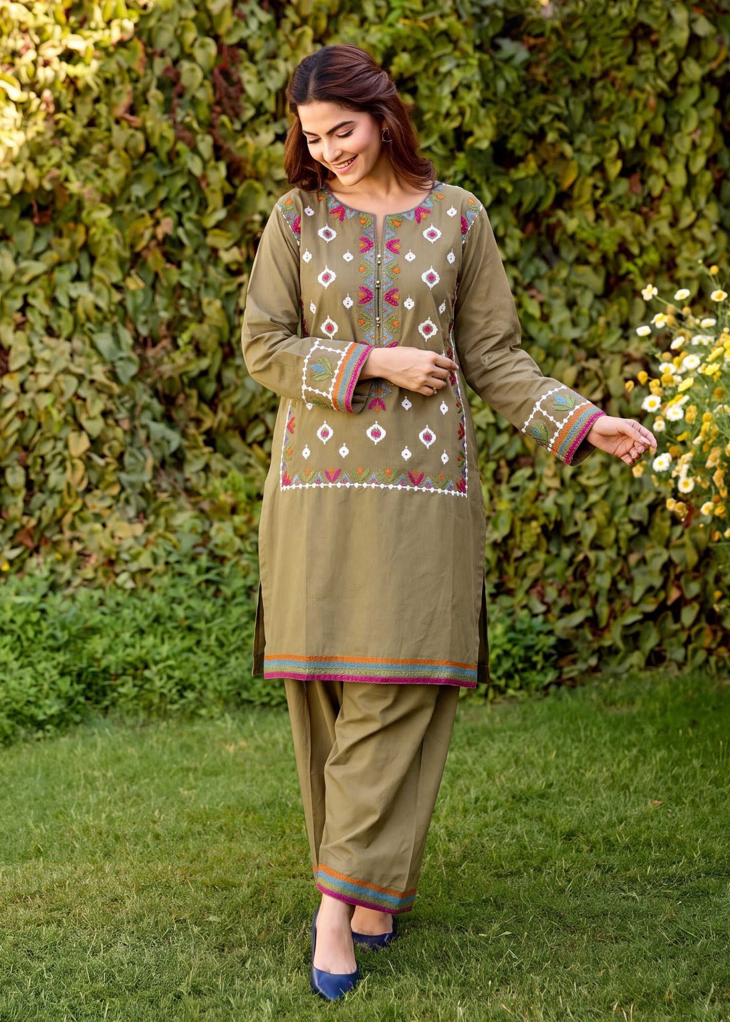Embroidered Sage Green Lawn Kurta Pajama Online in Dubai DXB UAE Abudhabi Meena Bazaar
