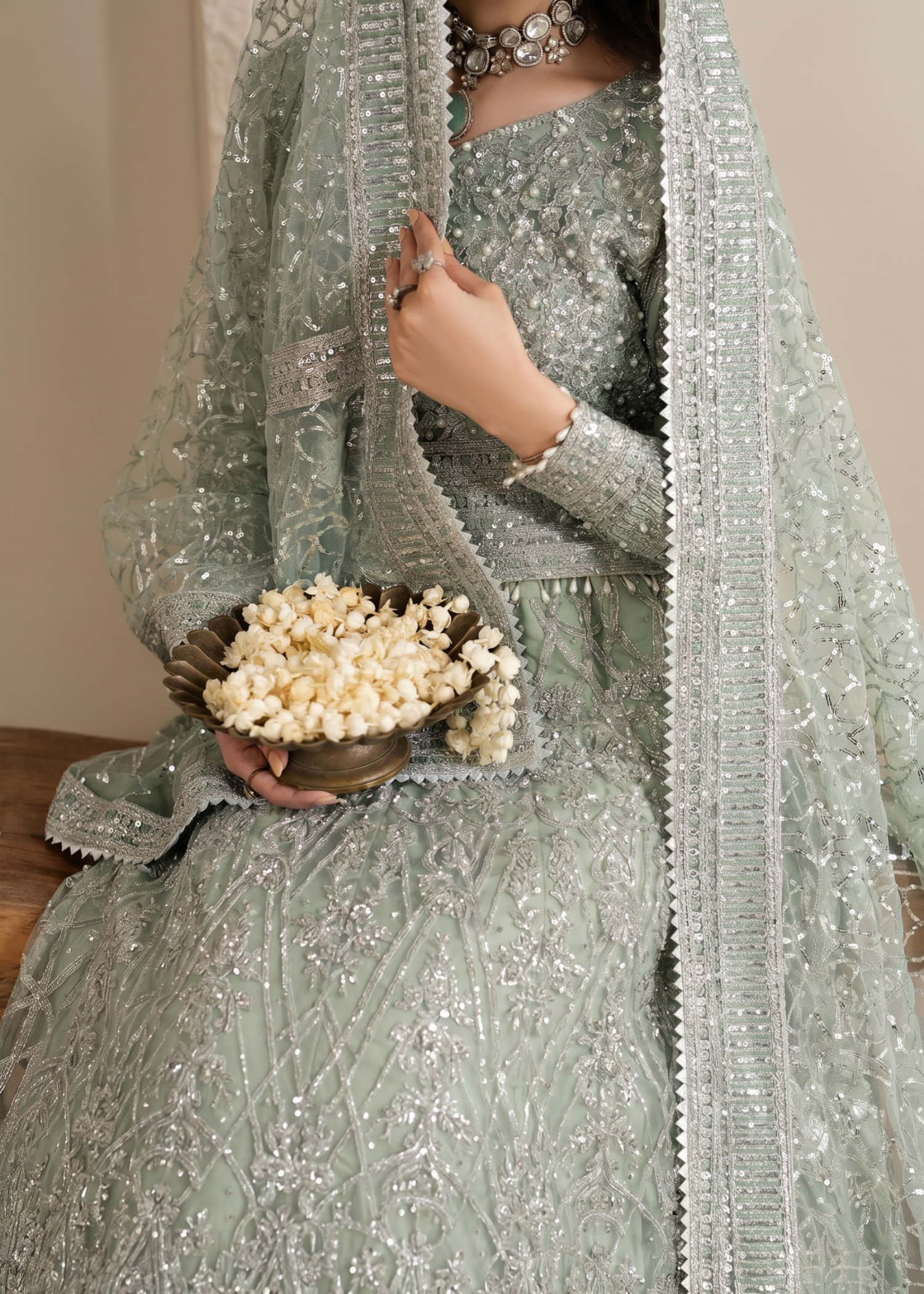 Embroidered Sage Green Net Pakistani Wedding Lehenga Online in KSA Riyadh Saudi Arabia Oman Bahrain Qatar