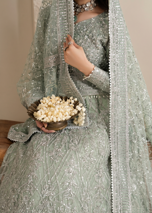 Embroidered Sage Green Net Pakistani Wedding Lehenga Online in KSA Riyadh Saudi Arabia Oman Bahrain Qatar